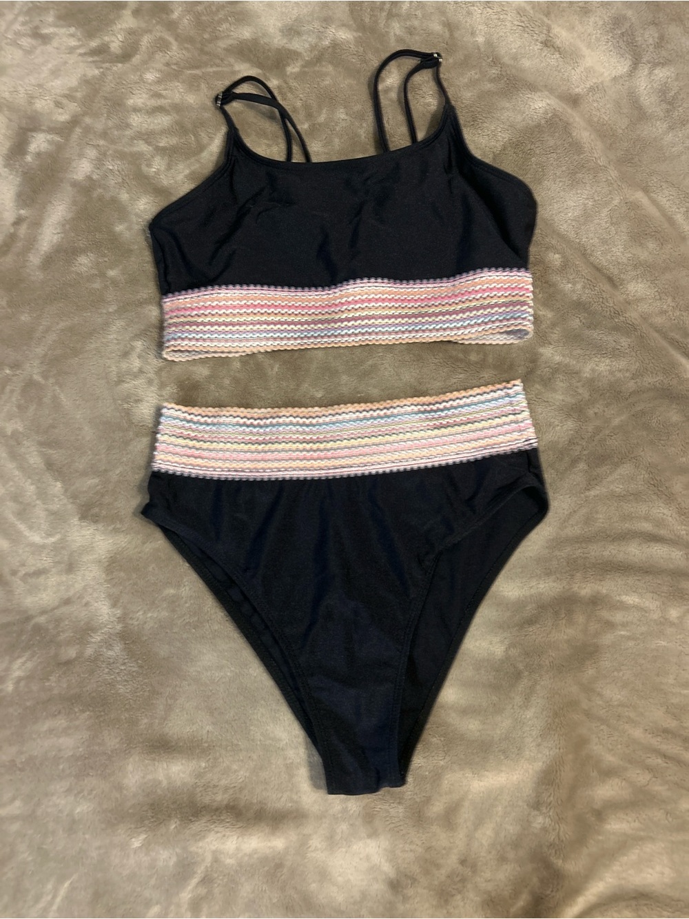 Womenโs Black Two-Piece Swim Set with Pastel Trim